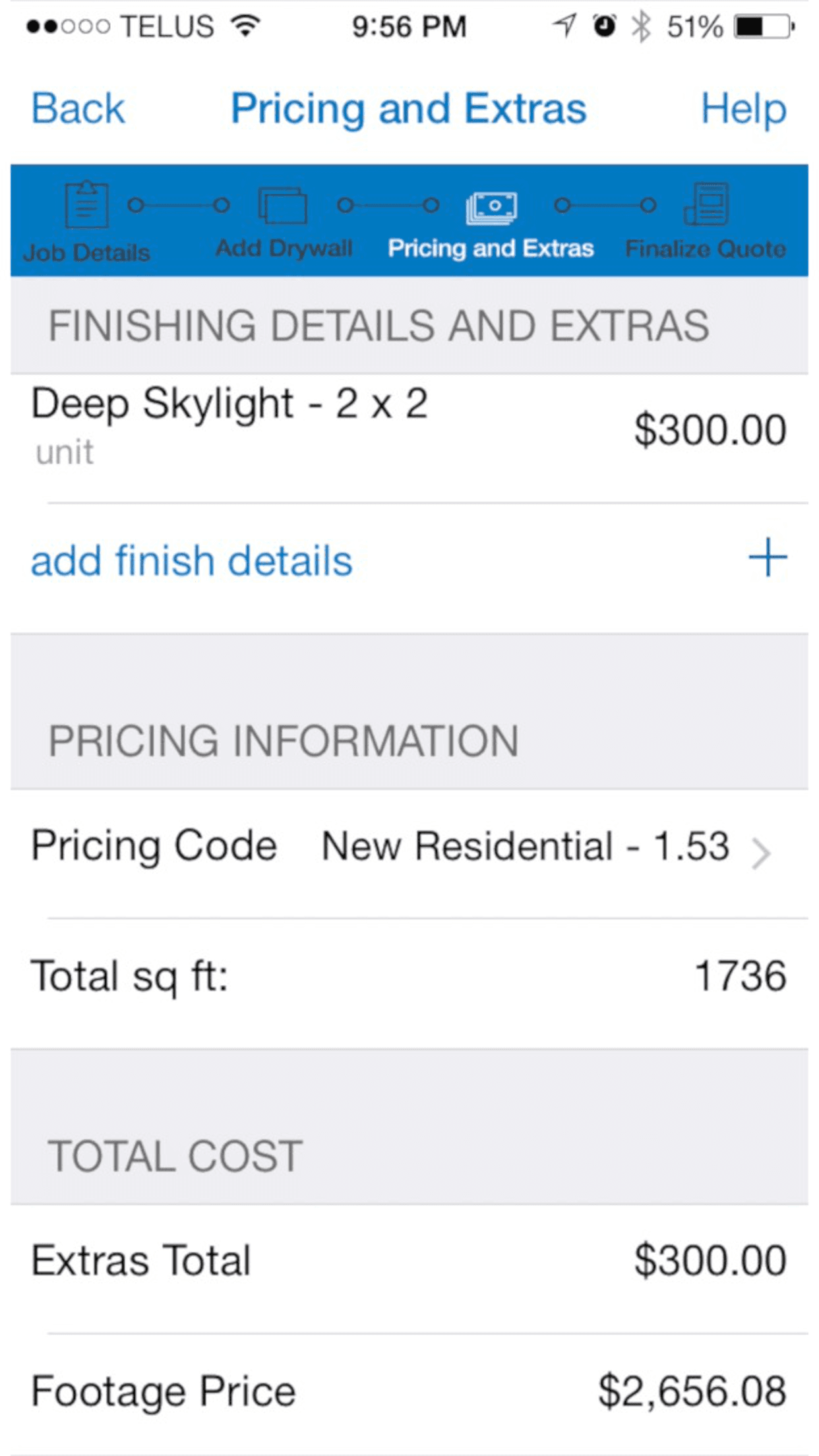 Drywall Contractor quote generation screen